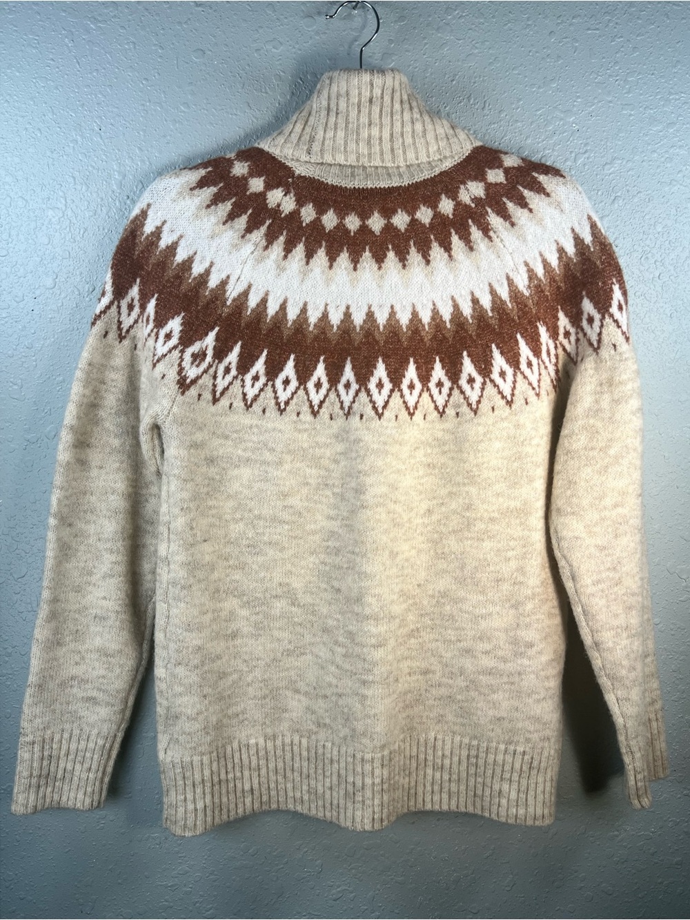 Aspen Fair Isle Turtleneck Sweater Nordic Wool Blend Oatmeal Brown Small - Picture 3 of 16